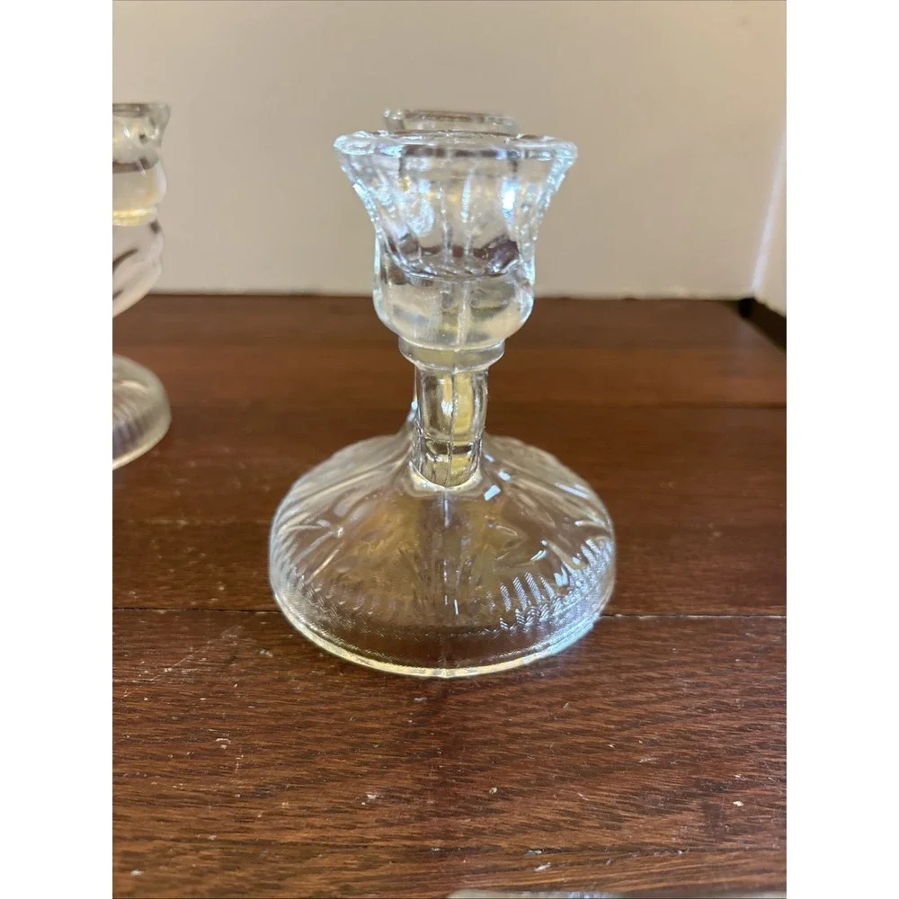 Jeanette Glass Iris and Herringbone‎ Set of 2 Double Candlestick Holders Vintage